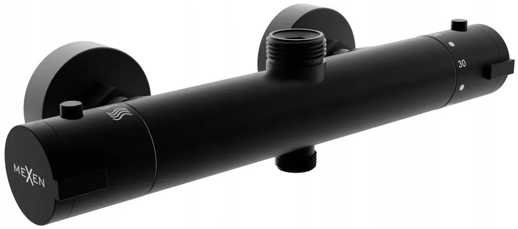 Mexen termostatický sprchový set,  sprchová batéria KAI s horným uchytením sprchy + sprchová sada s hornou hlavicou oval ?25cm X, 3/4", čierna, 77150-70 + 79392-70