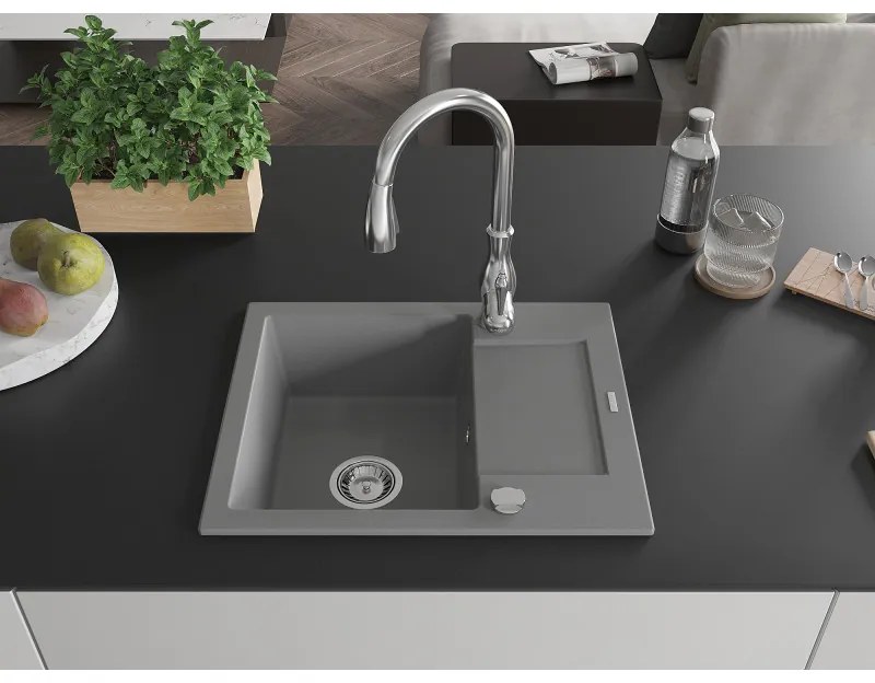 Mexen Enzo, 1-komorový granitový drez 576x465x174 mm a drezová batéria Savita, šedá, 6506-71-672601-00