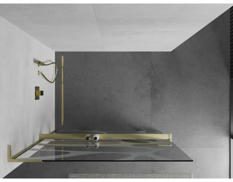 Mexen Kioto+ L, sprchová zástena Walk-In s poličkou a vešiakom 100 x 200 cm, 8mm číre sklo biely vzor, zlatý matný profil, 800-100-123-55-97