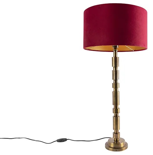 Art Deco stolná lampa bronzová 35 cm s tienidlom z červeného zamatu - Torre