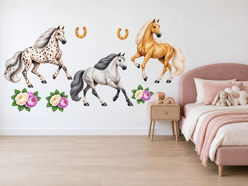 Tri kone v kluse s pivonkami romantické koňské nálepky na stenu arch 46 x 34 cm