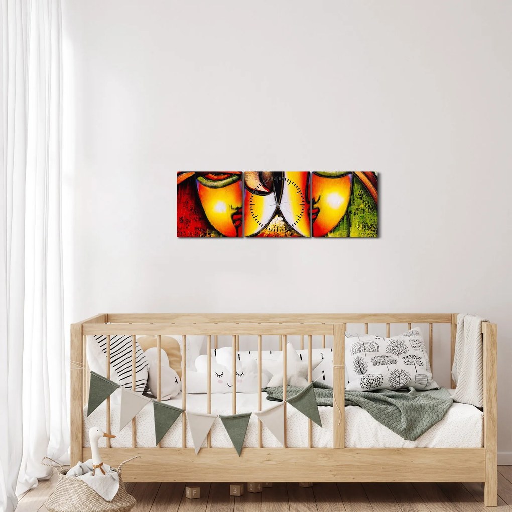 Obraz - Olejomaľba, abstraktné tváre (s hodinami) (90x30 cm)