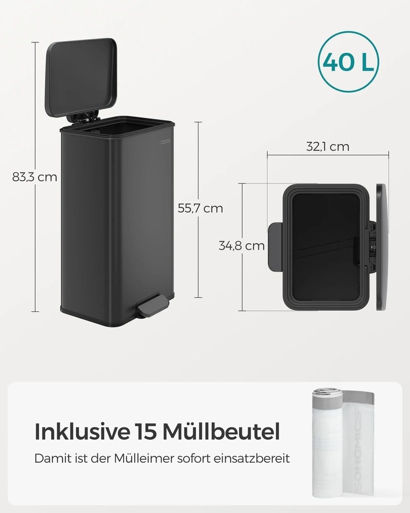 Kuchynský oceľový odpadkový kôš, 40 l, s vekom, 15 vreciek v balení, čierny