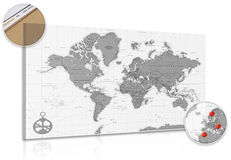 Obraz na korku štýlová mapa s kompasom v čiernobielom prevedení
