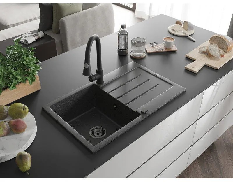 Mexen Bruno, 1-komorový granitový drez 795x495x200 mm a drezová batéria Elia, čierna škvrnitá, 6513-76-670101-70