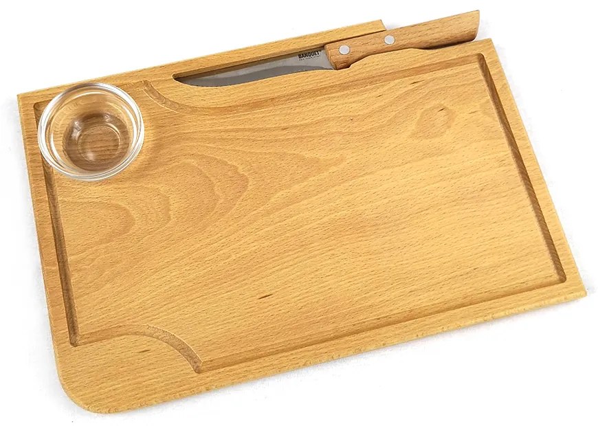 AMADEA Drevená doštička na steak s nožom a miskou, masívne drevo, 30x20x1, 5 cm
