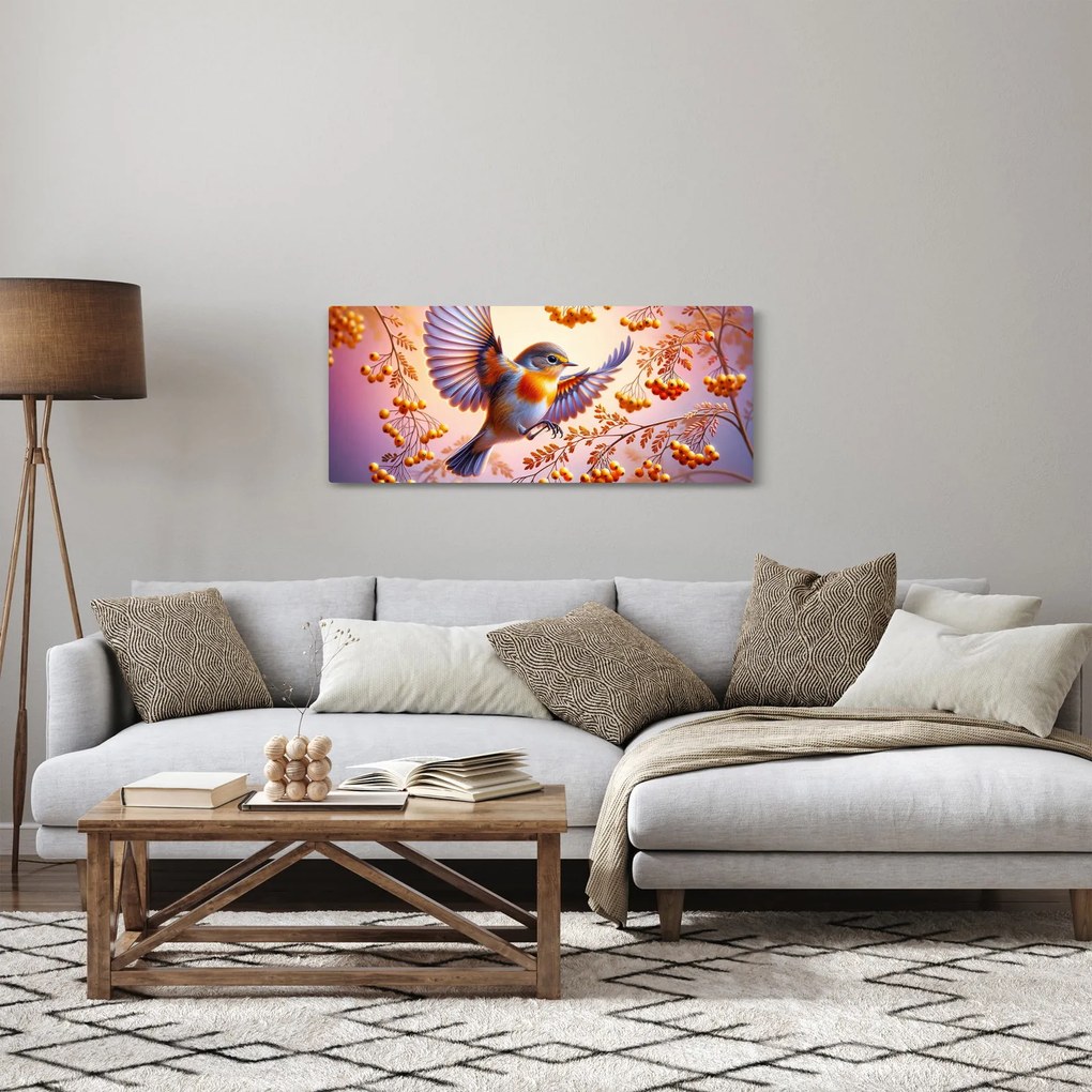 Obraz - Vták s jarabinou (120x50 cm)