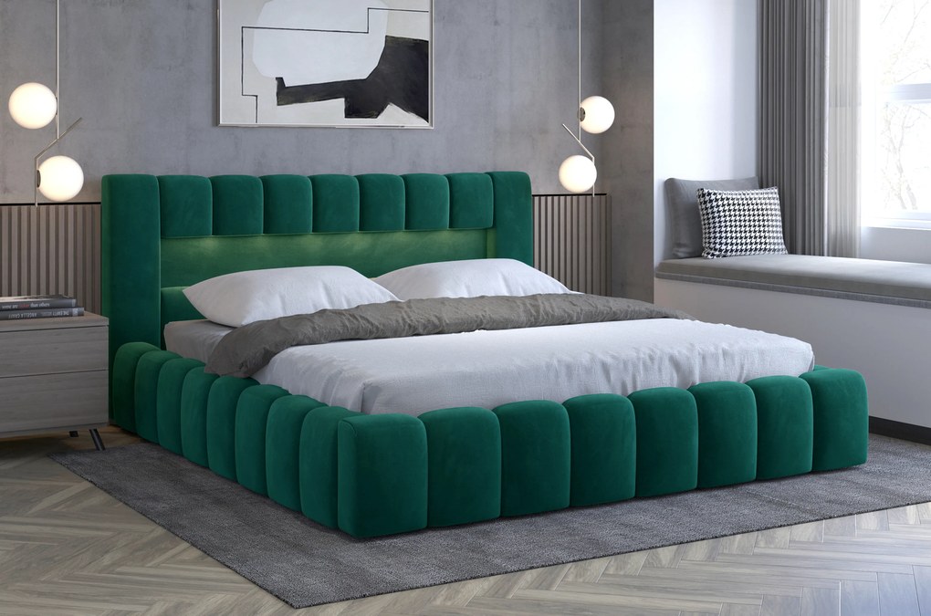 Manželská posteľ 180 cm Luxa (tmavozelená) (s roštom, úl. priestorom a LED). Akcia -11%. Vlastná spoľahlivá doprava až k Vám domov. 1041571