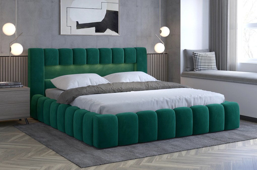 Manželská posteľ 180 cm Luxa (tmavozelená) (s roštom, úl. priestorom a LED). Vlastná spoľahlivá doprava až k Vám domov. 1041571
