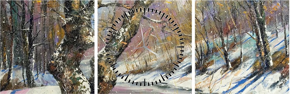 Obraz maľovanej zimnej krajiny (s hodinami) (90x30 cm)