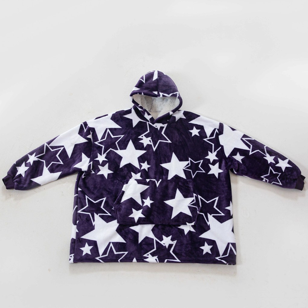 Baránková mikinová deka s rukávmi a kapucňou HVIEZDY fialová