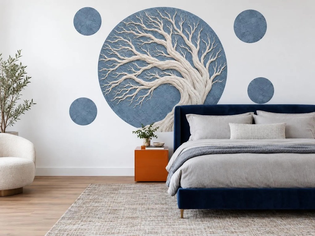 Reliéfny strom v modrom kruhu modré kruhové textilné nálepky na stenu do spálne arch 46 x 45 cm