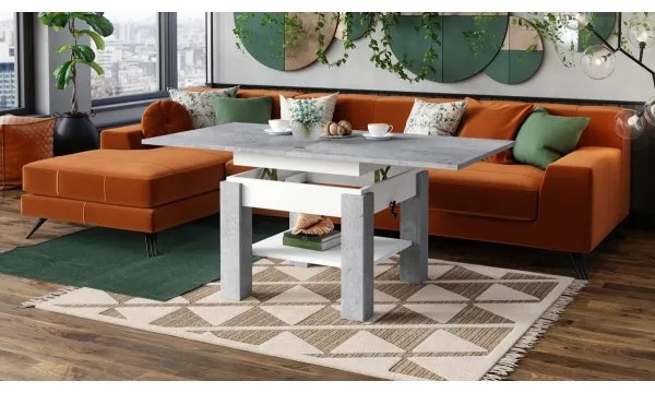 Rozkladací konferenčný/jedálenský stôl so zdvíhacou doskou CALEB sivý betón/biela