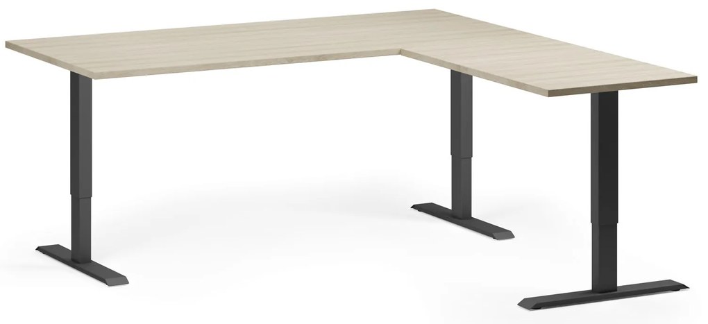 Výškovo nastaviteľný stôl, 180x180 cm, 3 motory, L/P, čierna podnož, dub prírodný