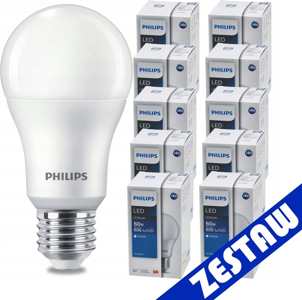 SADA 10 KS LED žiaroviek PHILIPS E27 8W = 60W 806lm Neutrálna LED žiarovka 4000K