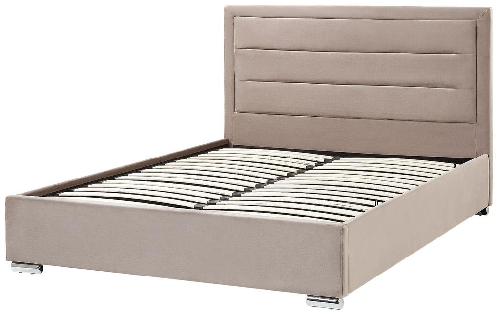 Zamatová posteľ s úložným priestorom 160 x 200 cm sivobéžová ROUEN Beliani