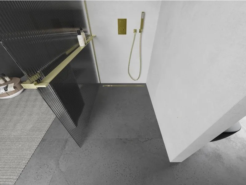 Mexen Kioto+, sprchová zástena Walk-In s poličkou a vešiakom 80 x 200 cm, 8mm sklo s rebrovým vzorom, zlatý matný profil, 800-080-121-55-09