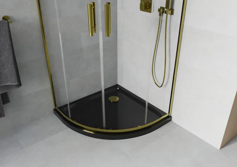 Mexen Rio, štvrťkruhový sprchovací kút s posuvnými dverami 80(dvere) x 80(dvere) x 190 cm, 6mm číre sklo, zlatý profil + čierna sprchová vanička SLIM, 863-080-080-50-00-4170G