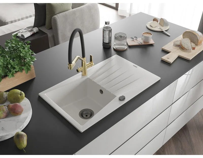 Mexen Cesar, 1-komorový granitový drez 775x470x190 mm a drezová batéria Duo, biela, 6514-20-671701-57-B