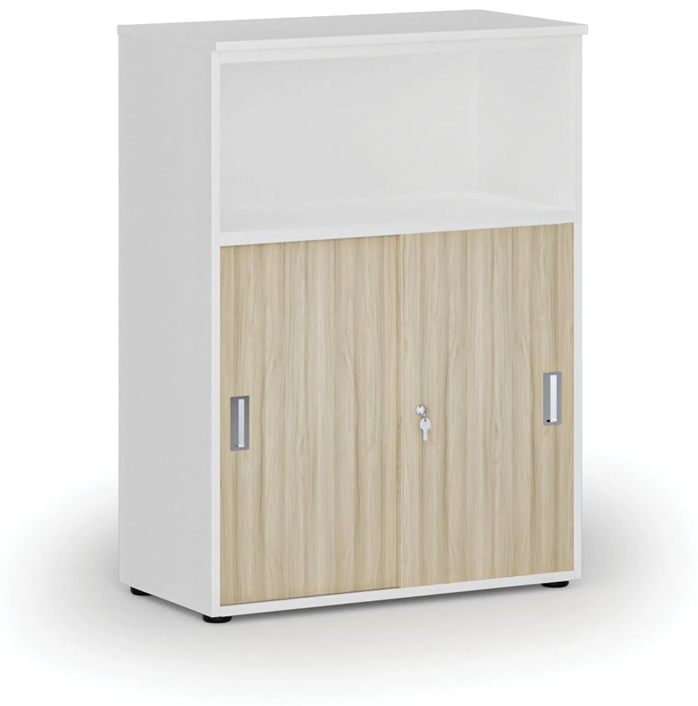 Kombinovaná kancelárska skriňa so zásuvnými dverami PRIMO WHITE, 1087 x 800 x 420 mm, biela/dub prírodná