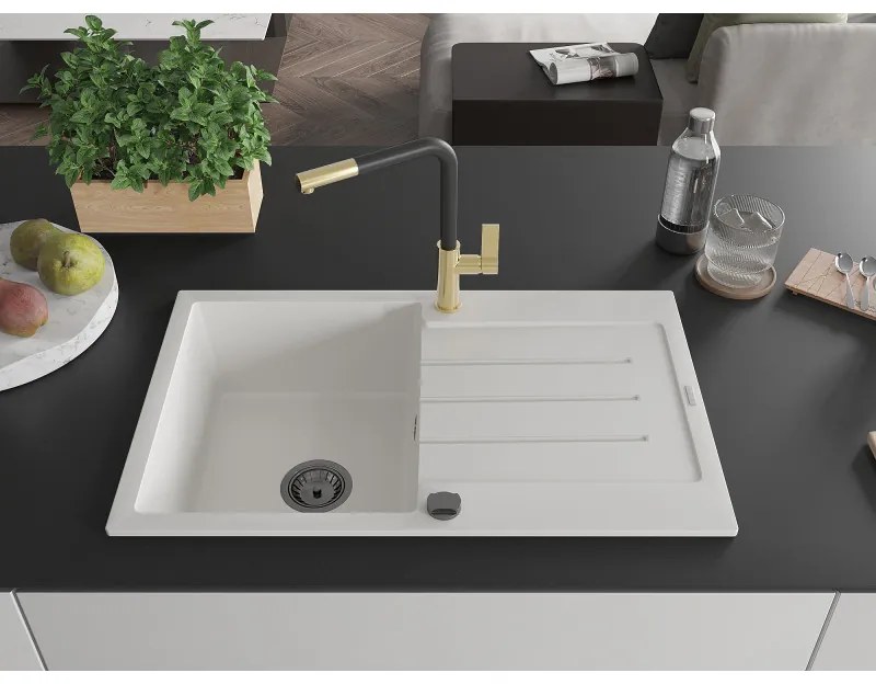 Mexen Bruno, 1-komorový granitový drez 795x495x200 mm a drezová batéria Flora, biela, 6513-20-670401-57-B