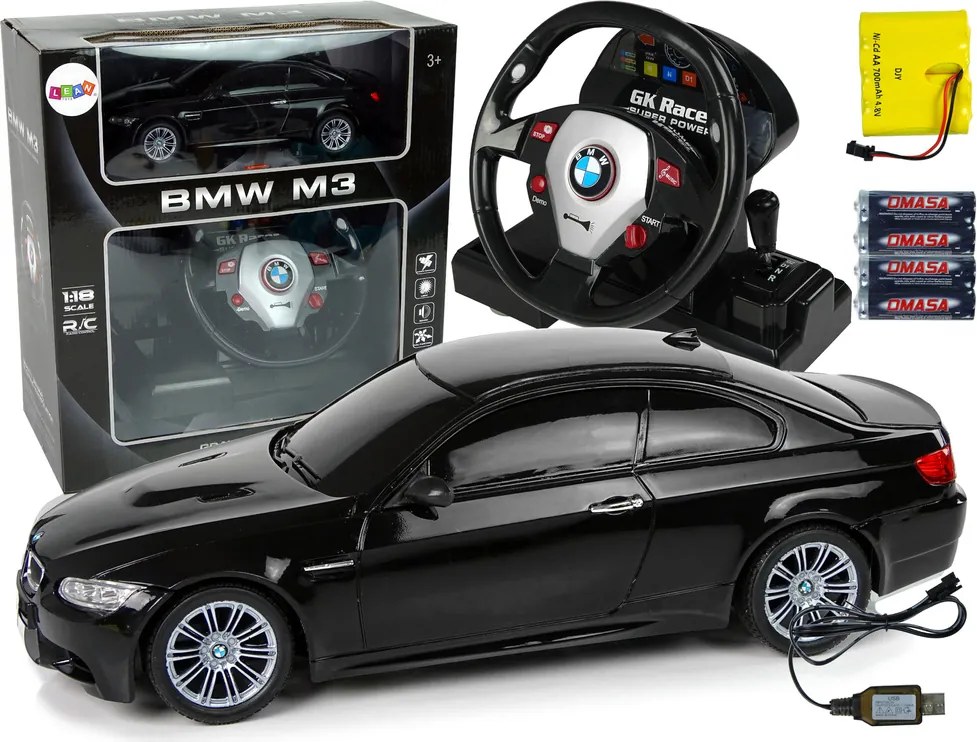 LEAN Toys BMW M3 diaľkovo ovládané auto čierne 1:18 volant zvukové svetlá