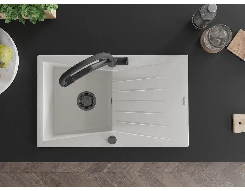 Mexen Cesar, 1-komorový granitový drez 775x470x190 mm a drezová batéria Duo, biela, 6514-20-671701-70-B
