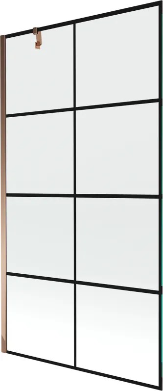 Mexen Next, vaňová zástena 1-krídlová 100 x 150 cm, fixné krídlo, 6 mm číre sklo s čiernym vzorom, ružové zlato profil, 895-100-000-00-77-60