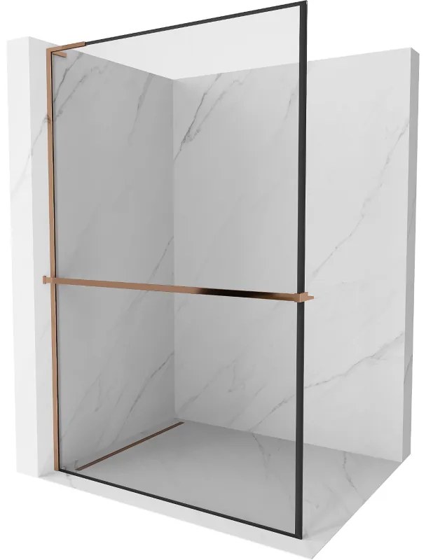 Mexen Kioto+ L, sprchová zástena Walk-In s poličkou a vešiakom 120 x 200 cm, 8mm číre sklo čierny vzor, ružové zlato profil, 800-120-123-60-70