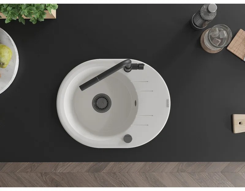 Mexen Kevin, 1-komorový granitový drez 586x458x190 mm a drezová batéria Flora, biela, 6517-20-670401-70-B