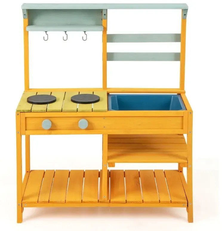 Kuchynka z blata Detská kuchynka na hranie vyrobená zo smrekového dreva s gombíkmi na sporák a drezom žltá