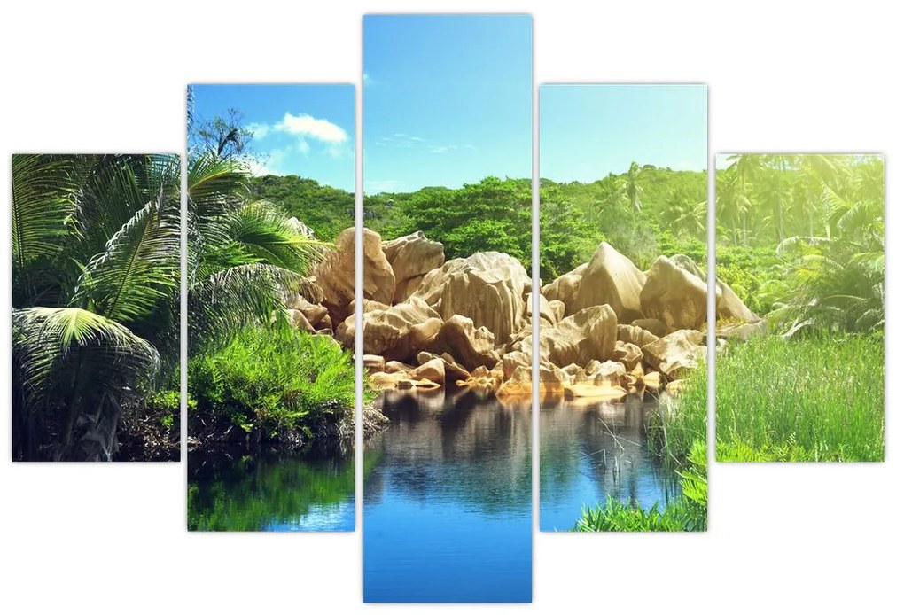 Obraz jazera v Seychelskej džungli (150x105 cm)
