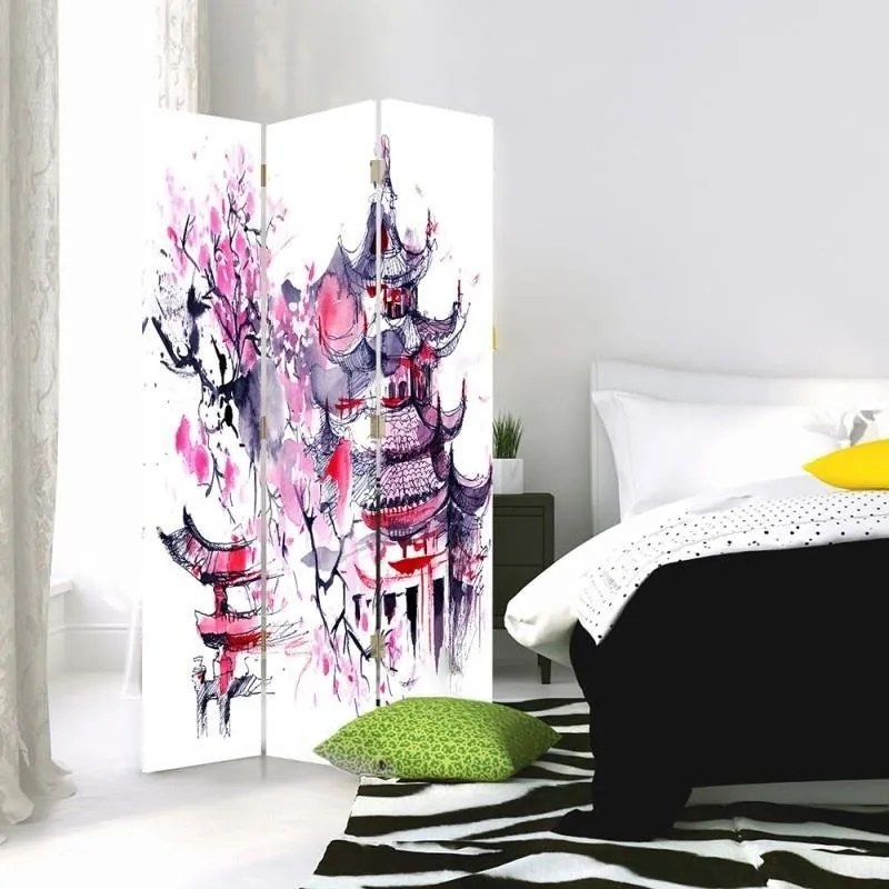 Gario Paraván Japonská pagoda a čerešňový kvet Rozmery: 110 x 170 cm, Prevedenie: Klasický paraván