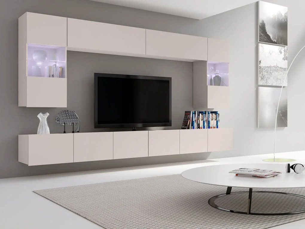 Obývacia stena Bralani I, Farby: biela / biely lesk, Osvetlenie: osvetlenie LED modré