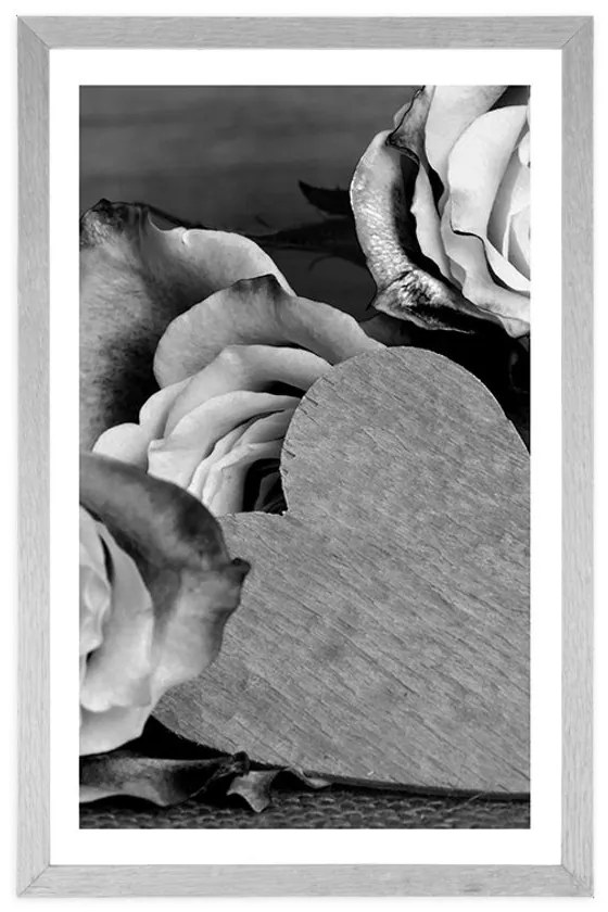 Plagát s paspartou valentínske ruže v čiernobielom prevedení - 30x45 white