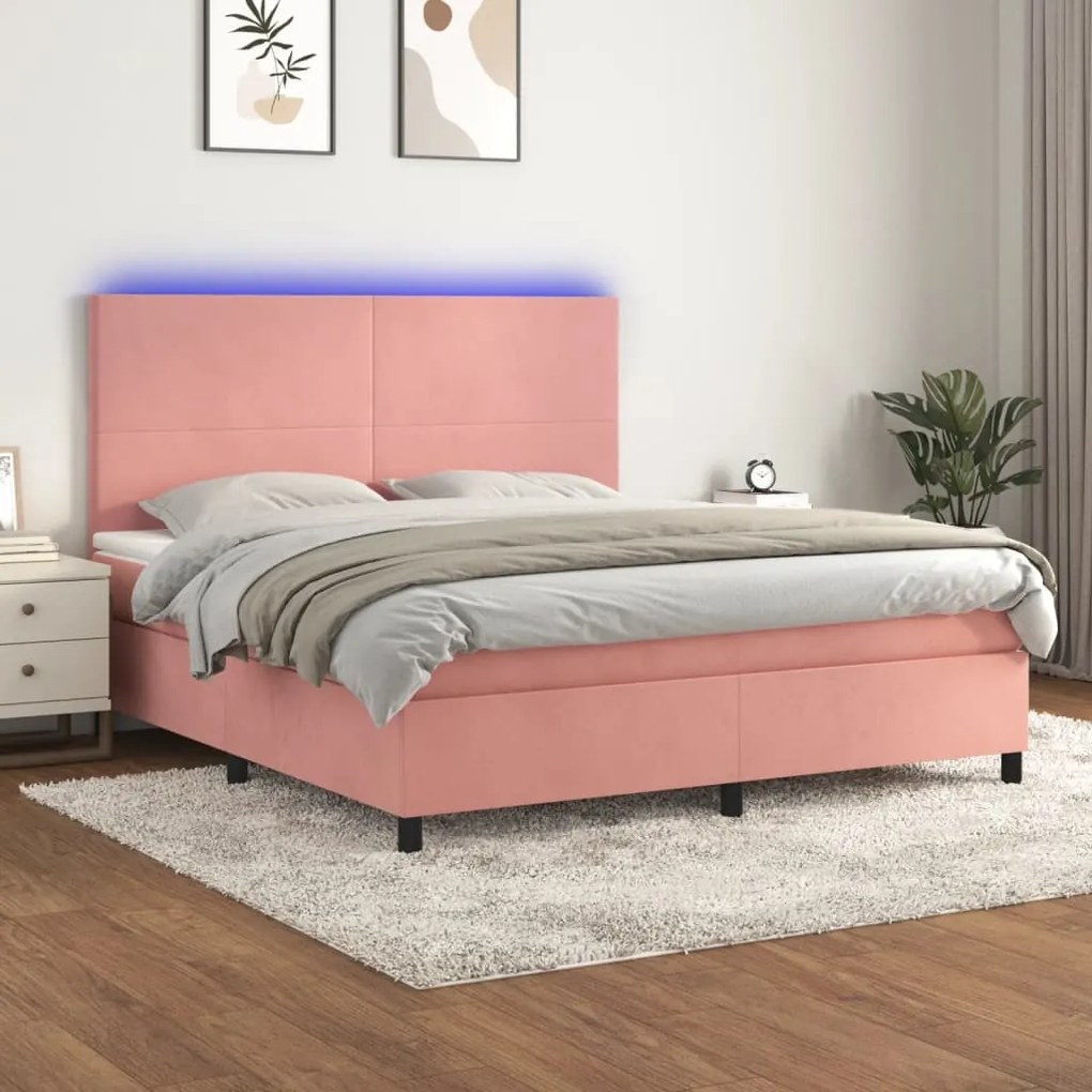 Posteľný rám boxsping s matracom a LED ružový 180x200 cm zamat 3136022