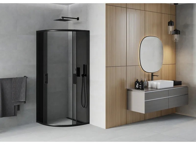 Mexen Rio, štvrťkruhový sprchovací kút s posuvnými dverami 70(dvere) x 70(dvere) x 190 cm, 6mm šedé sklo, čierny profil, 863-070-070-70-40