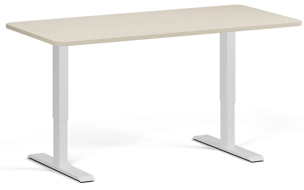 Výškovo nastaviteľný stôl, 160x80 cm, 2 motory, zaoblené rohy, biela podnož, breza