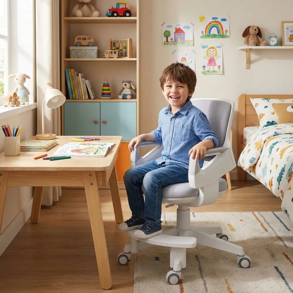 Detská rastúca stolička Neoseat KIDDY FIVE — látka, prateľný poťah, sivá