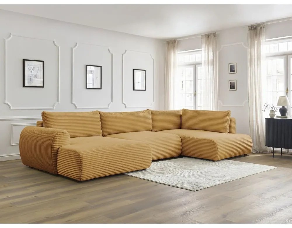 Menčestrová rozkladacia rohová pohovka v horčicovej farbe (ľavý roh/do "U") Lucien – Bobochic Paris