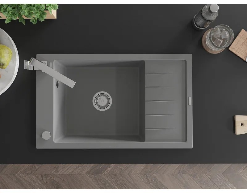 Mexen Elias, granitový drez granitový 795x480x200 mm, 1-komorový, šedá s chrómovým sifónom a chrómová drezová batéria Rita, 6511-71-670300-00