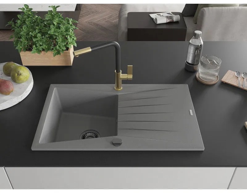 Mexen Cesar, 1-komorový granitový drez 775x470x190 mm a drezová batéria Flora, šedá, 6514-71-670401-57-B