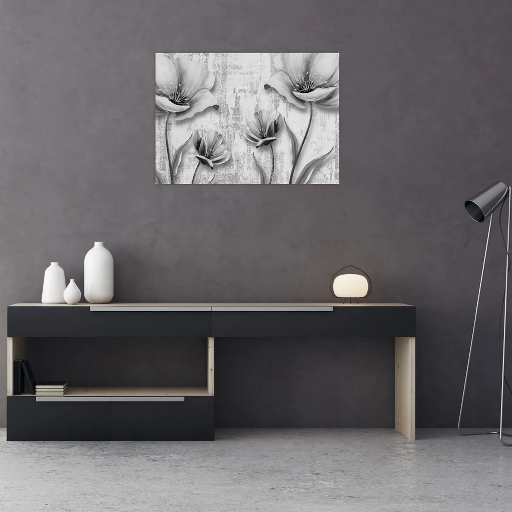 Sklenený obraz - Čiernobiele kvety na pozadí (70x50 cm)