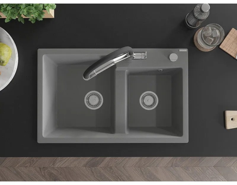 Mexen Tomas, 2-komorový granitový drez 800x500x190 mm a kuchynská batéria Duo, šedá, 6516-71-671701-07