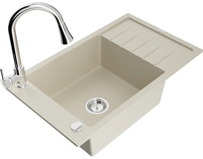 Mexen Elias, 1-komorový granitový drez 795x480x200 mm a drezová batéria Elia, biela, 6511-69-670101-00