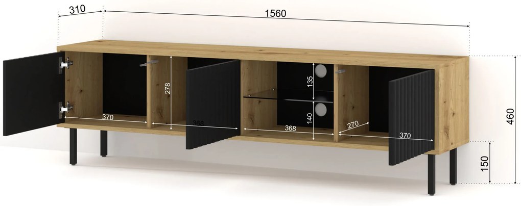 TV skrinka/stolík Mitra 156 (dub artisan + čierna). Akcia -19%. Vlastná spoľahlivá doprava až k Vám domov. 1124955