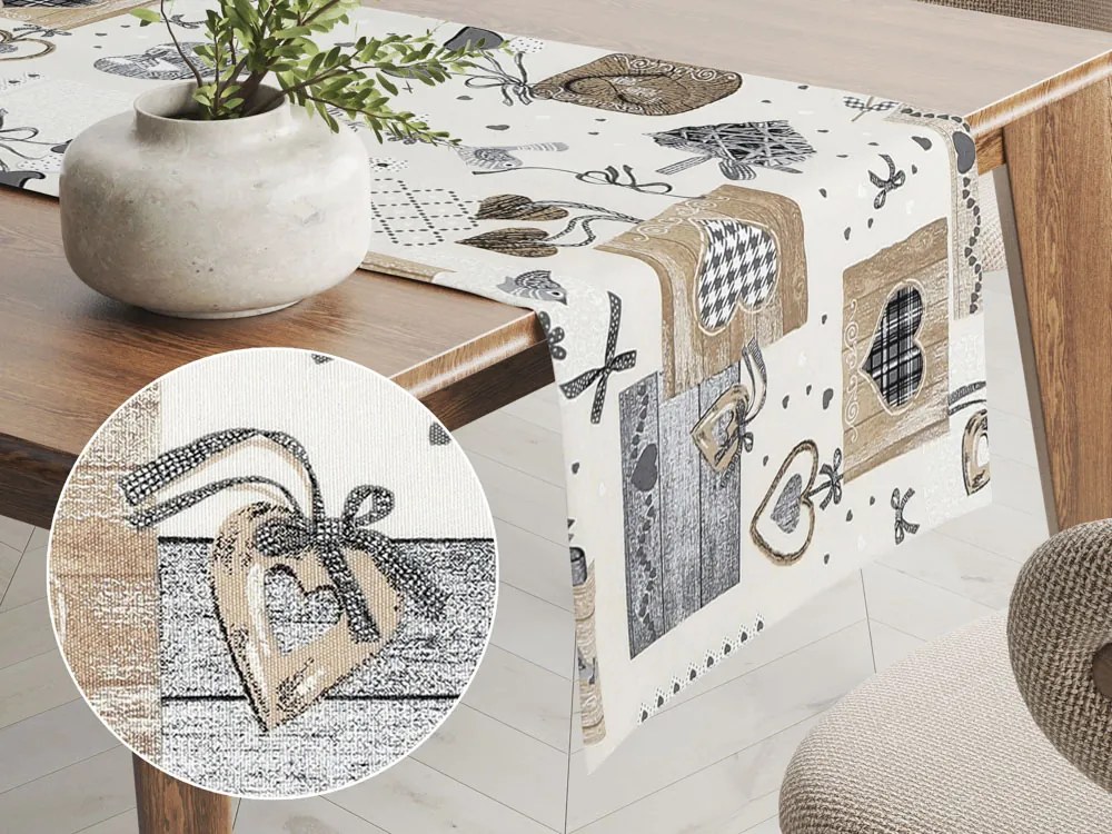 Biante Dekoračný behúň na stôl Porto PRT-014 Hnedo-sivé srdiečka na krémovom 20x180 cm
