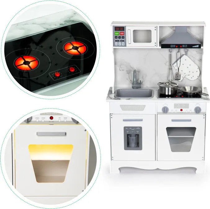 Drevená detská kuchynka ECOTOYS s LED svetlami, zvukmi a kovovými doplnkami pre 3+