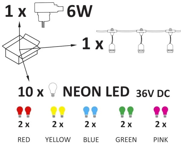 LED Vonkajšia dekoratívna reťaz PARTY NEON 7,6 m 10xE27/0,6W/36V IP44