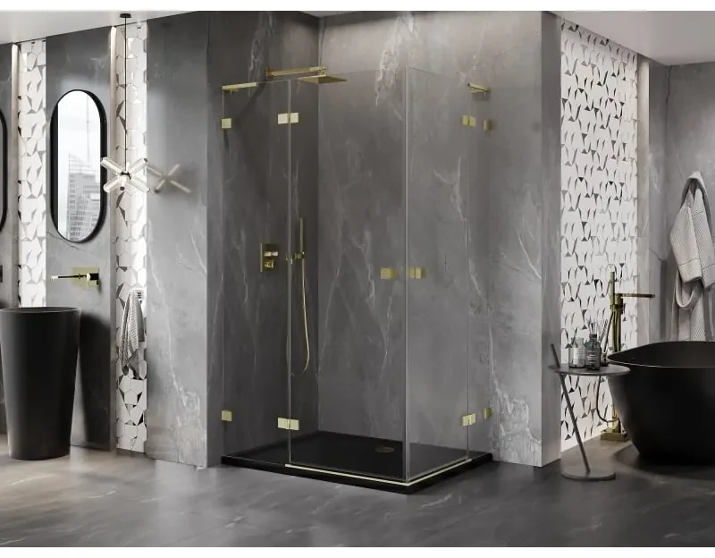Mexen Lunar, L Duo výklopný sprchový kút 100 x 90 cm, 8mm číre sklo, zlatý matný profil, 834L-100L-090P-55-00